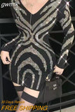 gwmlk Women Sexy Black Bling Diamonds Bodycon Mini Dress Female Spring Autumn Elegant V-Neck Long Sleeve High Waist Party Vestidos New