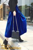 Gwmlk Vintage Velvet Pleated Skirt for Women 2023 Spring New Long High Waist Skirts Korean Fashion A-line Midi Skirt Female