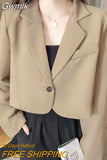 Gwmlk Korean Cropped Blazers Women Solid Color Simple Single-button Outwear Teens All-match Long Sleeve Office Suit Jacket