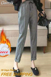 Gwmlk Fleece Warm Winter Pants for Women Korean Elastic Waist Office Pencil Pants Ladies Plus Velvet Thicken Harem Trousers