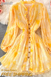 gwmlk Vintage Women Pleated Chiffon Mini Dress Elegant V-Neck Draped Single Breasted Ruffle Vestidos Sexy Party Robe 2023 New