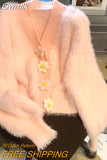 Gwmlk Korean Faux Mink Fur Cardigan Women Sweet Pink Flower Buttons V-Neck Sweaters Female Winter Warm Plush Cardigans Tops