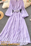 gwmlk Vintage Yellow/Purple/Blue Polka Dot Chiffon Long Dress Women Elegant O-Neck Puff Sleeve Pleated Party Robe Female 2023