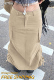 gwmlk Grey Pockets Midi Skirts Grunge y2k Ruched Drawstring Split Long Skirts Women Low Waisted Korean Prepply Skirts Retro