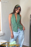 Gwmlk TRAF Summer Fashion Sexy Women Green Vest Women Halter Sleeveless Backless Top Female Y2K Tanks