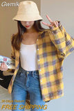 Gwmlk Y2K Harajuku Women Plaid Blouse Vintage Loose Single-Breasted Casual Shirts Woman Korean Streetwear Long Sleeve Shirt