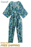 Gwmlk ZBZA Women 2023 Vintage Half Sleeve Green Floral Print Jumpsuits Chic Ladies Zipper Design Casual Sashes Rompers 202308