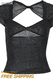 gwmlk Collar Summer Sexy Backless Tops for Women Cropped Short Sleeve Elegant Top Tees Skinny Streetwear Clothes