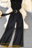 gwmlk Vintage V-Neck Sleeveless High Waist Jumpsuits Women Elegant Loose Wide Leg Romper With Sashes Female Playsuits New 2023