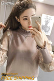 Gwmlk Korean Chic Floral Ruched Pullover Women Fashion Patchwork Mesh Long Sleeve Blouses Femme Knitted Streetwear Tops Woman