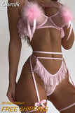 Gwmlk Sexy Feather Lingerie Light Pink Ruffle Hollow Thongs Sissy Erotic Outfits Seamless Set Woman 3 Pieces Fairy Intimate