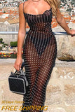 gwmlk Zip Up Bandage Point Print Mesh See-Through Maxi Dress Sexy Autumn Winter Women Party Club Clothings