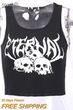 gwmlk Punk Goth Crop Tops Women’s Summer Skull Print Vest Top Black White Fashion Round Neck Sleeveless Slim Tank Top Mujer