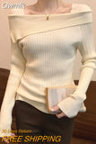 Gwmlk Fashion Slash Neck Knitted Sweaters Woman Elegant Slim Fit Long Sleeve Knitwear Women Autumn Winter Korean Short Jumper