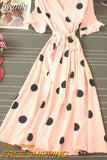 gwmlk Polka Dot Midi Dress Summer 2023 Sexy V-neck Flare Sleeve Casual Vestidos Verano Elegant Blue/White Sashes Dresses New