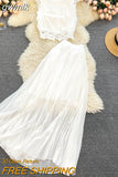 gwmlk Lace Chiffon Two Piece Set Women Vintage Beach Party Sleeveless Short Tops Pleated Long Skirt Female 2pcs Suit