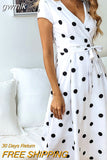 gwmlk Dress Women Vintage Dress Casual Polka Dot Print A-Line Party Dresses Sexy V-neck Short Sleeve Long Dress Fashion