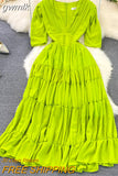 gwmlk Women Pleated Long Dress Vintage V-Neck Short Sleeve High Waist A-Line Green/Blue/Brown Big Swing Maxi Vestidos New