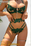 Gwmlk Fancy Lingerie Applique Women's Underwear Beautiful Exotic Sets 4-Pieces Lace Intimate Set For Couple With Chain