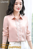 Gwmlk Silk Shirts Women Embroidery Lace Shirt Woman Long Sleeves Blouses Women Satin Silk Shirts Womens Tops White Shirts Tops