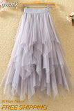 gwmlk Women irregular Tulle Skirts Fashion Elastic High Waist Mesh Tutu Skirt Pleated Long Skirts Midi Skirt Saias Faldas Jupe Femmle