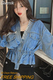 Gwmlk Women Jacket 2023 Spring Autumn Korean Chic Female All-Match V-Neck Retro Beaded Diamond Design Loose Short Denim Coats