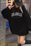 Gwmlk Harajuku Streetwear Sweatshirt for Women Black White Oversized Letter Print Hoodies Woman Loose O-Neck Hoody Clothes