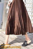 Gwmlk Vintage Velvet Pleated Skirt for Women 2023 Spring New Long High Waist Skirts Korean Fashion A-line Midi Skirt Female