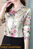 Gwmlk Women's Shirt Long Sleeve Blouse Fashion 2023 Spring New Womens Tops Basic Floral Shirts for Women OL Satin Female Clothing