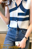 Gwmlk Summer Womens Tops Chiffon Blouse for Women Sleeveless Vest Button Up Shirt OL Fashion Female Clothing Stripe Casual Shirts