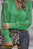 Gwmlk Fashion Lace Stitching Knitwear Blouses Women Long Sleeve V Neck Tops Green Elegant Loose 3XL Hollow Out Clothes 24333