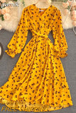 gwmlk Women Red/Yellow/Green Printed Midi Dress Vintage V-Neck Flare Long Sleeve High Waist A-Line Vacation Bandage Vestido New