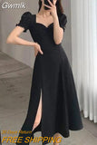 Gwmlk Square Collar Dresses for Women French Style Temperament Side Slit Dress Female Elegant Puff Sleeve Slim Fit Midi Dress