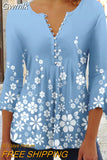 Gwmlk Floral Print Summer Blouse Women Elegant Simple Shirt V Neck Button 3/4 Length Sleeve Casual Holiday Basic Tops 27573