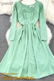 gwmlk Vintage Women Square Collar Midi Dress Elegant Green/Pink/Red High Waist Slim Draped Big Swing Vestidos Female Robe New