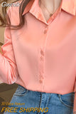 Gwmlk Women's Silk Shirts V-neck Solid Laides Tops Womens 2023 Spring Fashion Satin Long Sleeve Blouses Button Up White OL Vintage Top