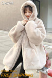 Gwmlk Winter Women Faux Rabbit Fur Hooded Coat Casual Solid Color Warm Faux Fur Jacket Woman Fashion Zip Thick Furry Overcoat