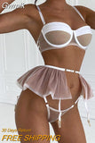 Gwmlk Sexy Lingerie Mesh Patchwork Fancy Underwear Ruffle Garters Delicate Luxury Brief Set See Through Sensual Erotic Sets