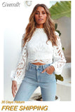 Gwmlk Long Sleeve Lace Blouse Women Tops Casual White Crochet Hollow Out Cropped Women's Shirt Turtleneck Female Blusas 16296