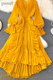 gwmlk Autumn New Holiday Style Ankle Length Long Dresses Women Sexy V Neck Puff Sleeve Lace Elegant Evening Party Summer Dress