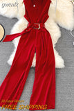 gwmlk Vintage V-Neck Sleeveless High Waist Jumpsuits Women Elegant Loose Wide Leg Romper With Sashes Female Playsuits New 2023