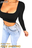 gwmlk Spring Crop Top Long Sleeve Women Black Sexy Shirt White Square Neck Casual Tee Top Mujer Ladies