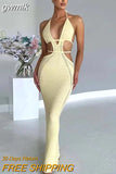 gwmlk New Sexy Y2K Clothes Knitted Hollow Out Sleeveless Backless Lace Up Halter Bodycon Maxi Dress For Women Birthday Party Club