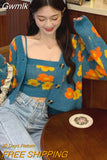 Gwmlk Women's Cropped Sweater Cardigan Sweet Floral Print Tank Tops and Cardigan 2 Pces Set Female Autumn Winter Knitted Sweaters 2023