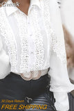 Gwmlk Sexy Lace Patchwork Hollow Out Shirt Fashion White Vintage Long Sleeve Tops Button Mesh Crochet Lace Blouse Women 13267