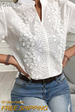 Gwmlk Floral Embroidery Lace Blouse Women Hollow-out Stand Collar V Neck Casual Shirt Elegant Short Sleeve Cotton Tops 24350