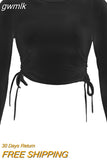 gwmlk O-Neck Long Sleeve Bodycon Cropped Tops Autumn 2023 Women Irregular Drawstring Bandage Knitted Solid T-Shirt