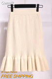 Gwmlk Women High Waist Knitted Skirts Solid Elastic Mermaid Knitting Ribbed Skirt Female Autumn Winter Warm Mid-Long Skirt