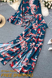 gwmlk Vacation Beach Two Piece Set Women Sexy V-Neck Bandage Short Tops + High Waist Split Wide Leg Pant Suit Spring Autumn