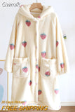 Gwmlk Flannel Robe Women Cute Kimono Bathrobe Gown Hooded Sleepwear 2023 New Coral Fleece Nightwear Print Strawberry Loungewear